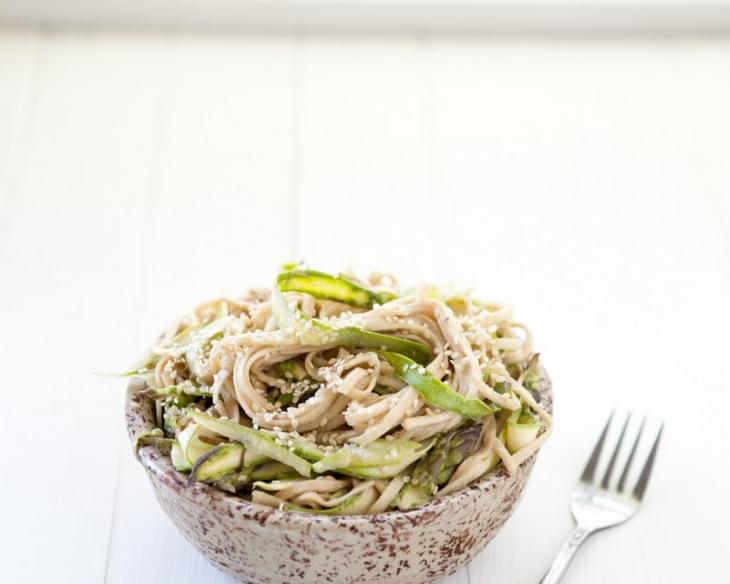 Shaved Asparagus and Noodles with Tahini Sauce