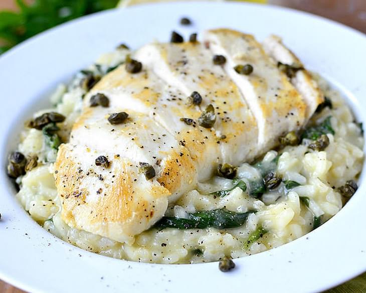 Lighter Chicken Piccata Risotto with Crispy Capers