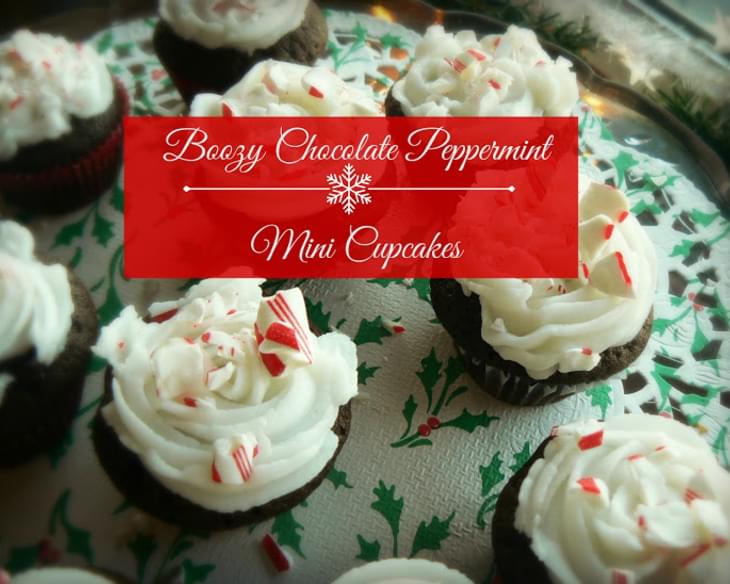 Boozy Chocolate Peppermint Mini Cupcakes with White Peppermint Frosting