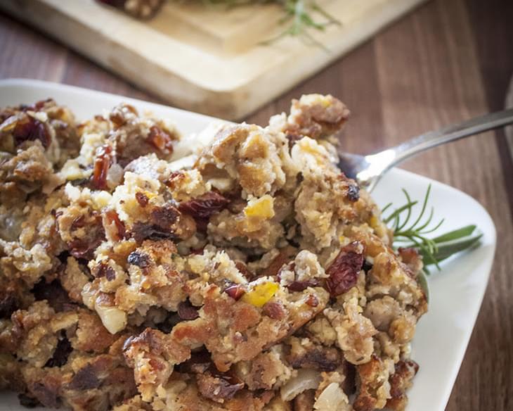 Apple Sausage Stuffing with Cranberries, Walnuts, and Fresh Herbs