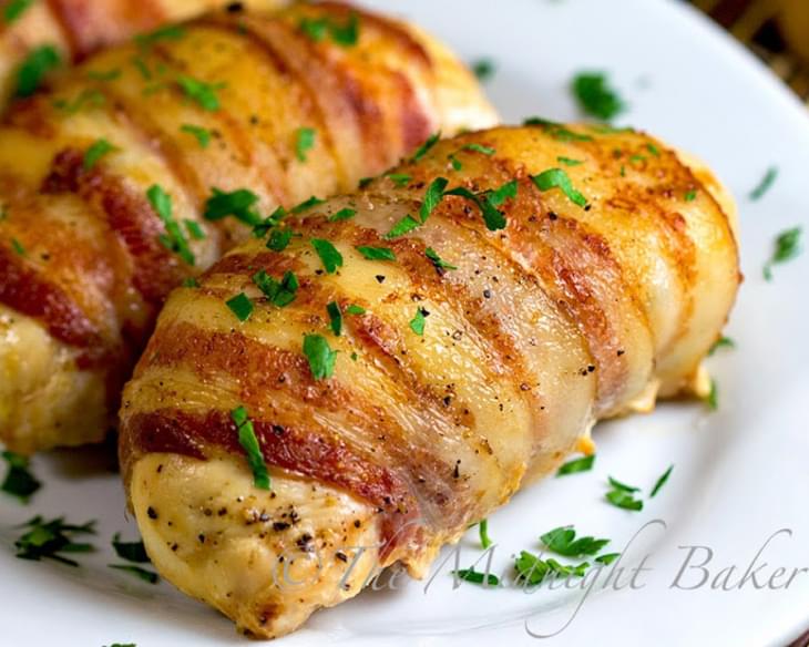 Bacon Wrapped Cheese & Mushroom Stuffed Chicken Breasts