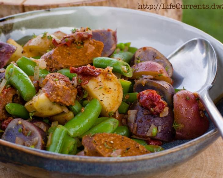 Spicy Sausage, Baby Potatoes, and Snap Peas
