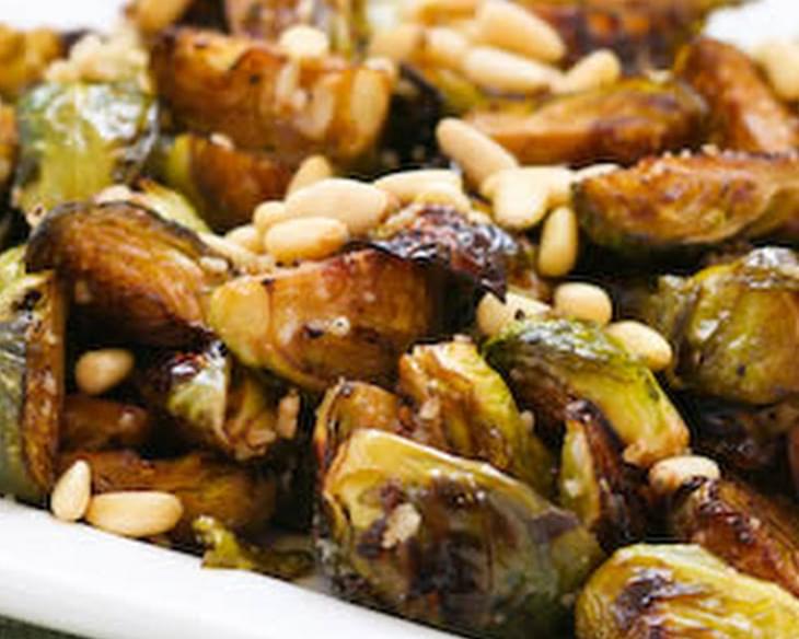Roasted Brussels Sprouts Recipe with Balsamic, Parmesan, and Pine Nuts