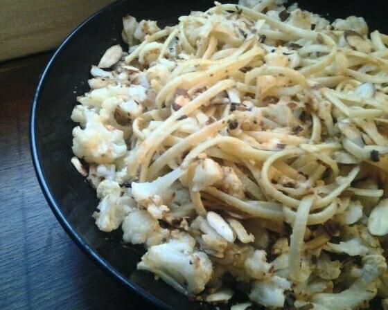Sicilian-Style Linguini with Roasted Cauliflower, Almonds, and Bread Crumbs