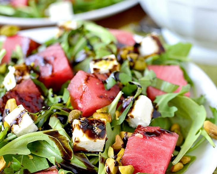 Watermelon, Feta, Basil and Pistachio Salad with Reduced Balsamic