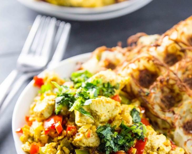 Garlicky Bell Pepper Tofu Scramble with Waffled Jalapeño Hash Browns