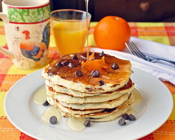 Chocolate Chip Buttermilk Pancakes with Orange Infused Syrup