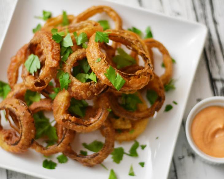 Beer Battered Onion Rings with Smoked Paprika Aioli