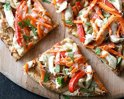 Thai Chicken Naan Pizza Recipe with Peanut Sauce, Red Pepper & Carrots