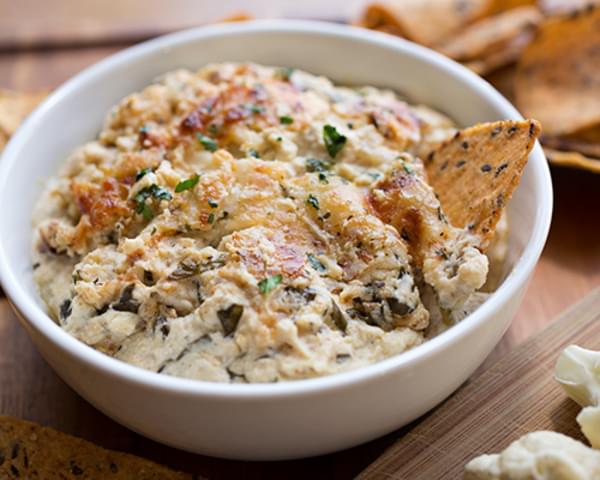 Hot & Cheesy Roasted Cauliflower and Spinach Dip with White Cheddar and Gruyere Cheeses, with Roasted Garlic and a touch of Spice