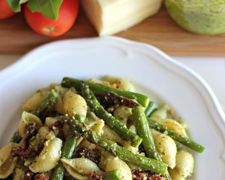 Pesto Pasta with Sun Dried Tomatoes and Roasted Asparagus