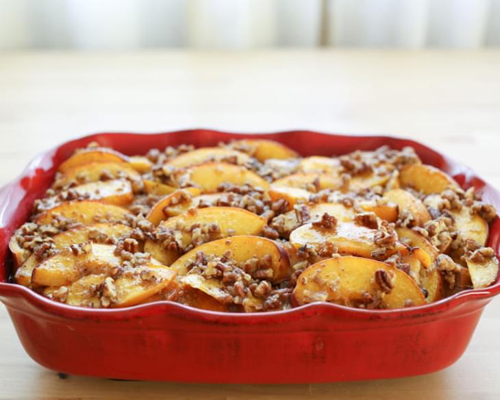 Peaches and Cream French Toast Casserole with Praline Topping