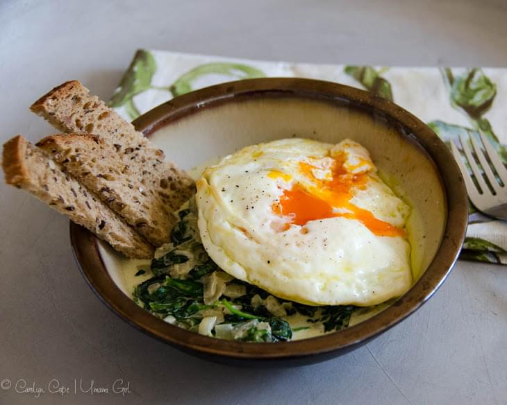 Fried Eggs with Creamy Spinach and Toast Soldiers