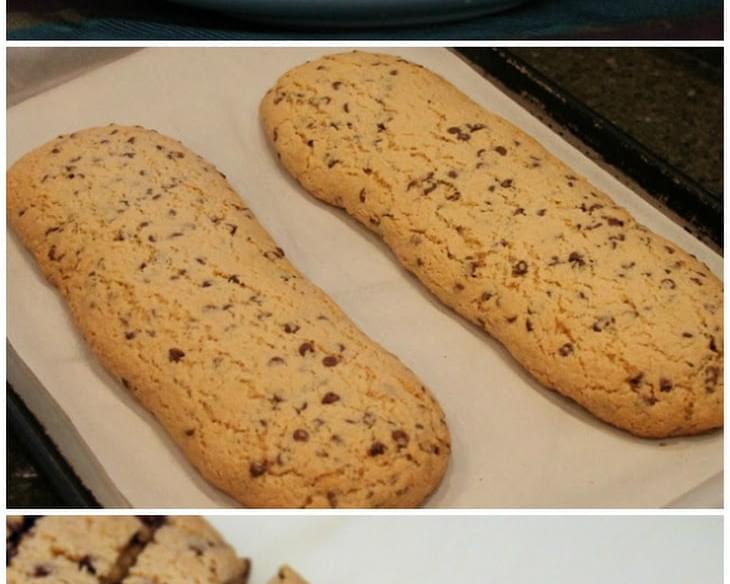 Chocolate Chip Cookie Biscotti with White Chocolate Dipping Sauce