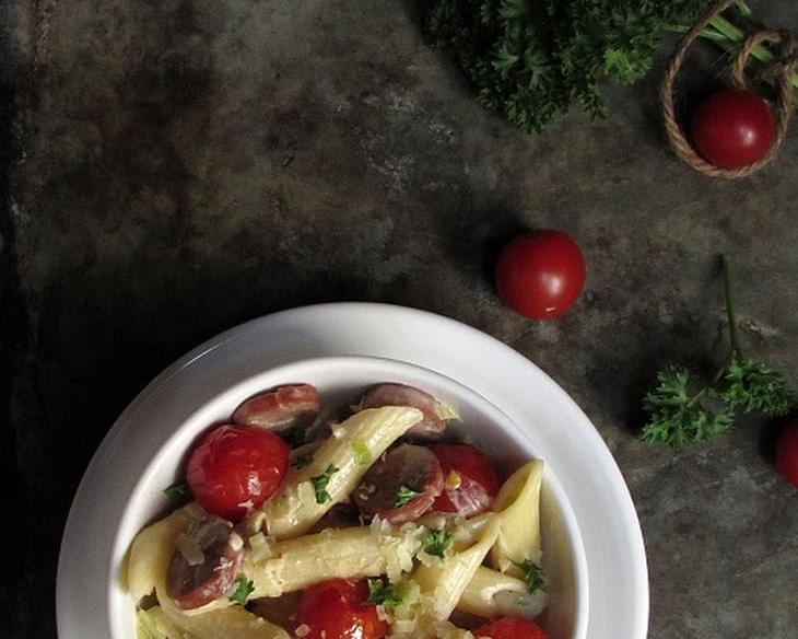 Pasta with Leeks, Cherry Tomatoes and Frankfurters