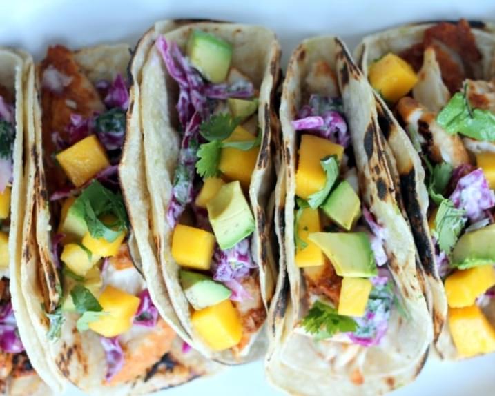 Grilled Chili-Lime Fish Tacos with Sour Cream Cabbage Slaw + Mango & Avocado