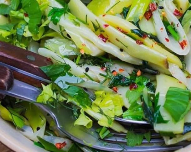 Yellow beans ans celeriac salad with aromatic herbs. Vegetarian recipe.