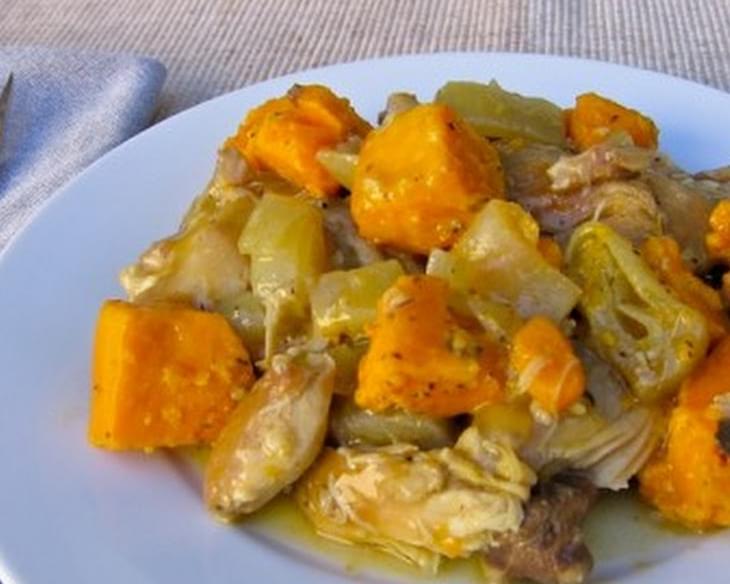 Easy Healthy Slow Cooker Cider-Braised Chicken Thighs with Sweet Potatoes and Sage