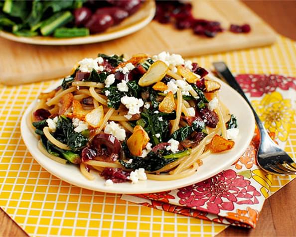 Pasta with Toasted Garlic, Dried Cranberries, Kale,