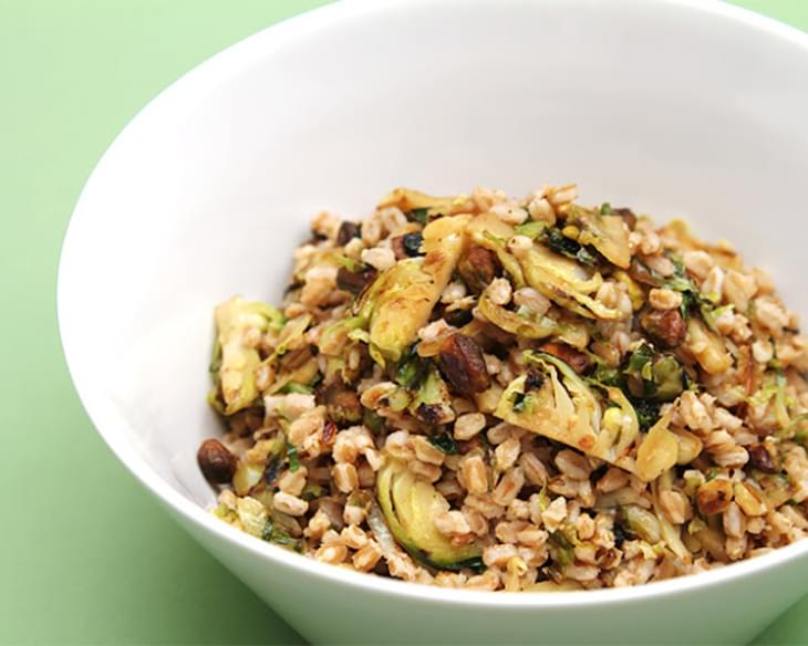 Farro with pan-roasted Brussels sprouts and pistachios