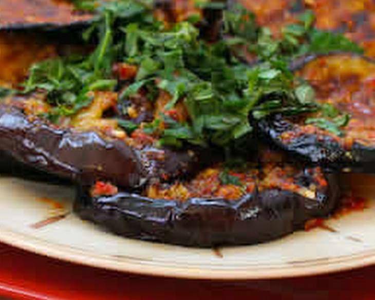 Spicy Grilled Eggplant Recipe with Red Pepper, Parsley, and Mint
