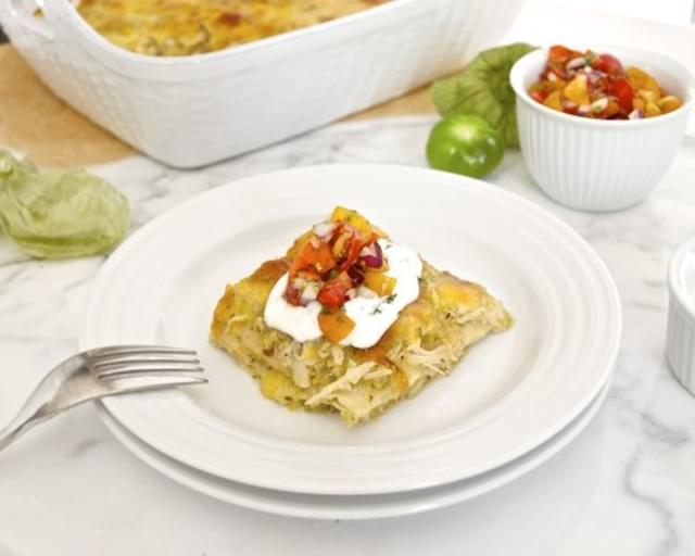 Chicken Verde Enchilada Bake with Heirloom Cherry Tomato Salsa