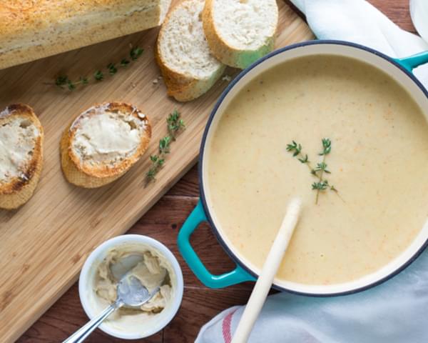 Roasted Garlic and Cauliflower Soup with Anchovy-Buttered Toast