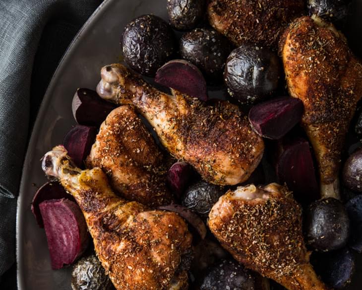 Blackened Chicken Legs with Red Beets and Potatoes