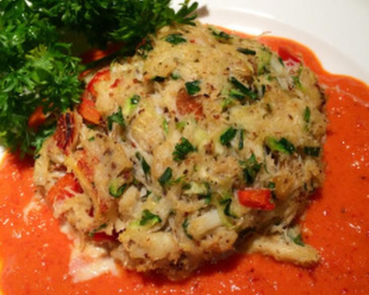Zucchini Crab Cakes with Red Pepper Sauce