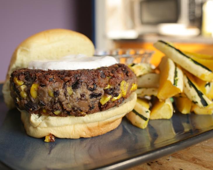 Corn and Black Bean Burgers with Squash Fries and Spiced Lime Yogurt