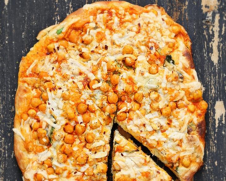 Buffalo Chickpea Pizza with White Garlic sauce and Celery Ranch