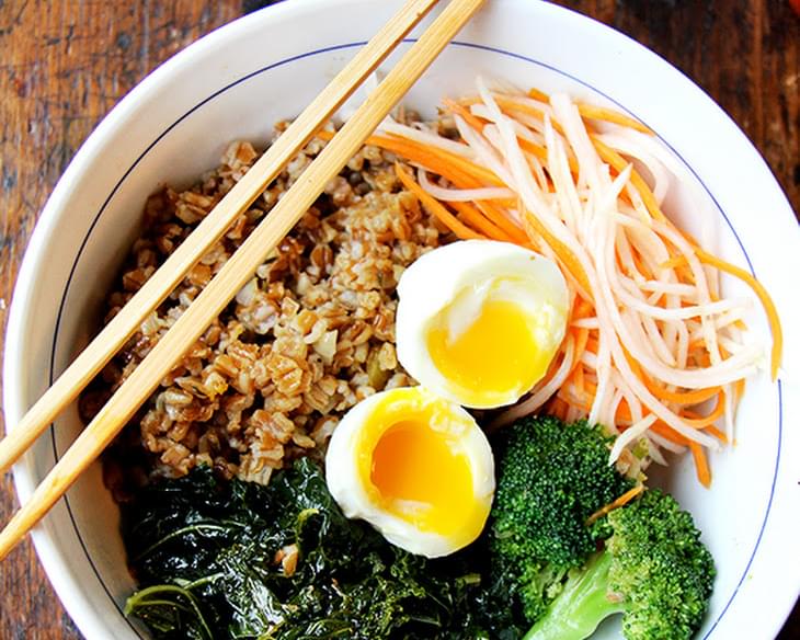 Leftover Grain Bowl with Teriyaki Sauce, Quick-Pickled Carrots & Daikon and Soft-Boiled Eggs