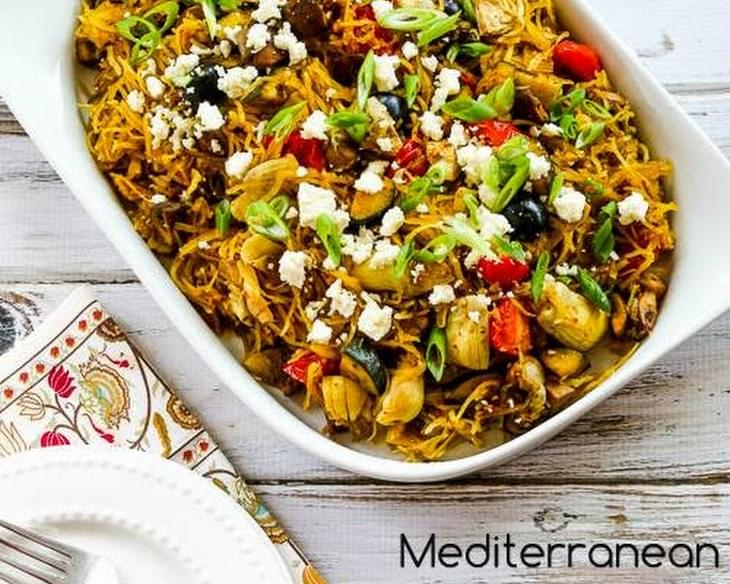 Mediterranean Spaghetti Squash Sauteed with Vegetables and Feta (Low-Carb, Gluten-Free)
