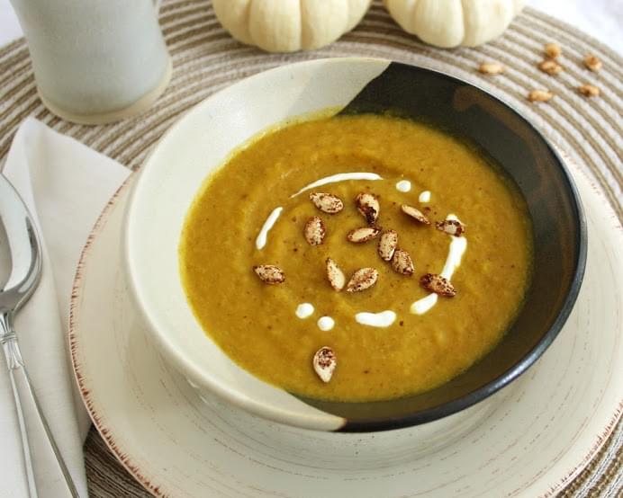 Roasted Butternut Squash & Coconut Curry Soup with Cinnamon Toasted Seeds