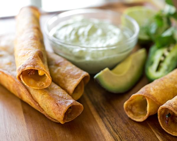 Zesty Chili-Lime Chicken Taquitos with Jack Cheese and Roasted Corn, with Cool Avocado & Jalapeno Ranch Dipping Sauce