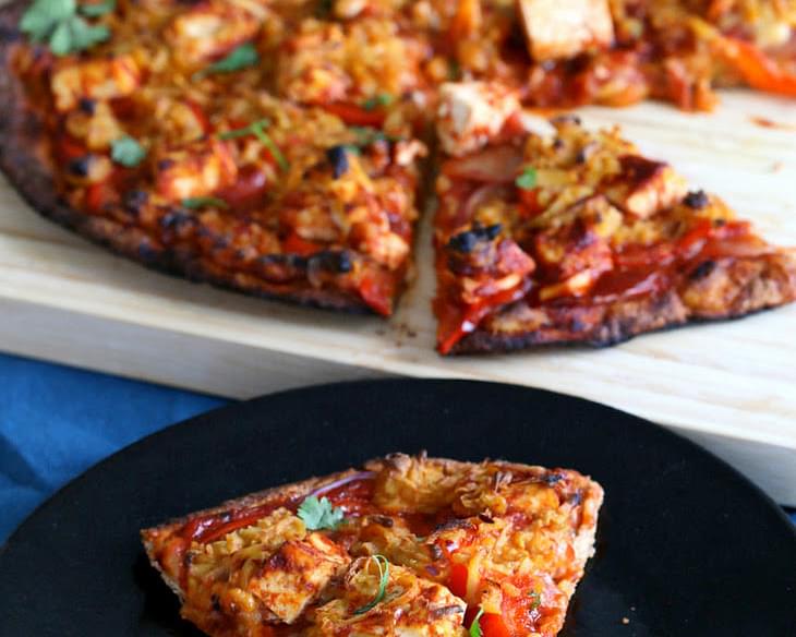 Sriracha BBQ tofu Pizza with Pepper Jack Cheese on thin Spelt Crust