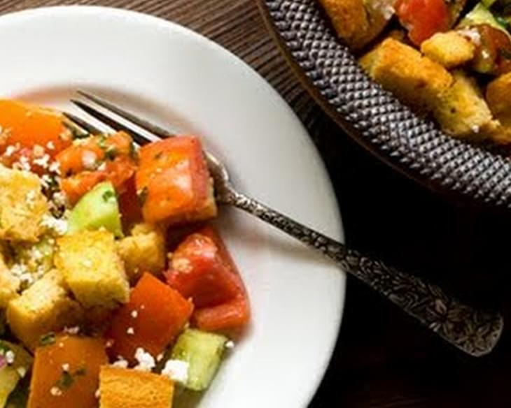 Tomato And Cucumber Salad With Cornbread Croutons