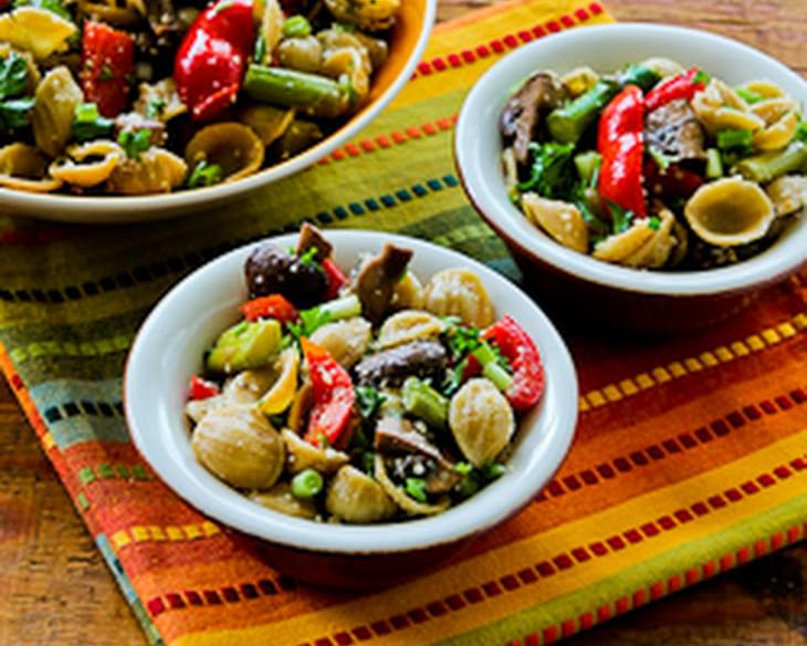 Whole Wheat Orecchiette Pasta Salad Recipe with Roasted Asparagus, Red Bell Pepper, and Mushrooms