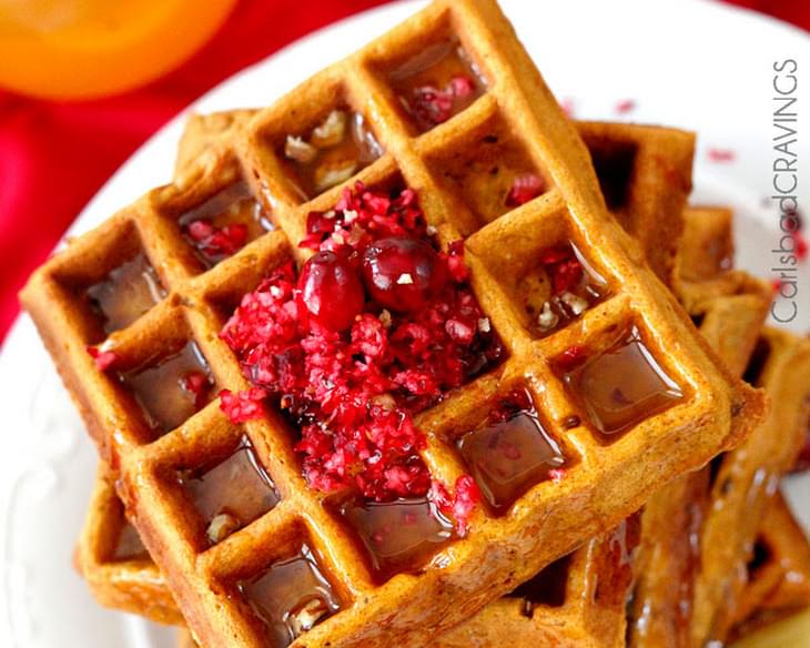 Cranberry Pecan Gingerbread Waffles with Orange Syrup