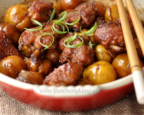 Braised Chinese Chestnuts Chicken in Cast Iron Dish