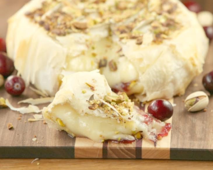 Cranberry Pistachio Stuffed Brie Wrapped in Phyllo