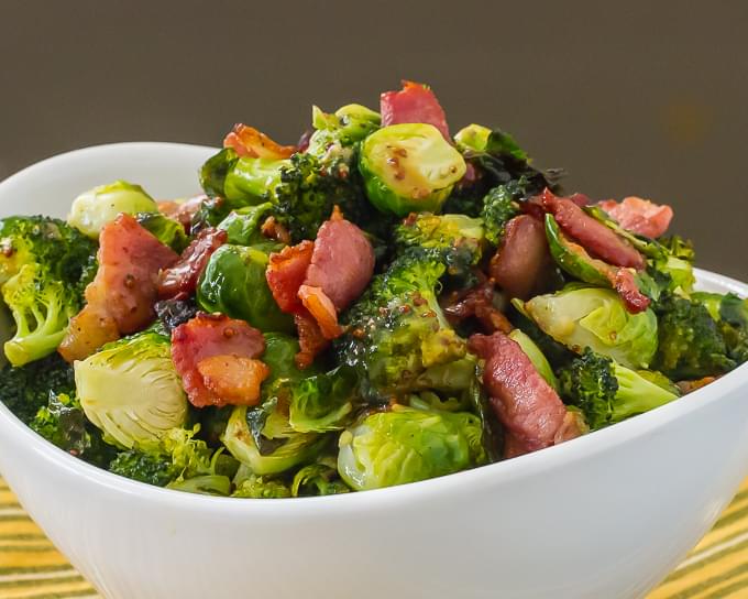Brussels Sprouts & Broccoli with Maple Dijon Vinaigrette and Bacon