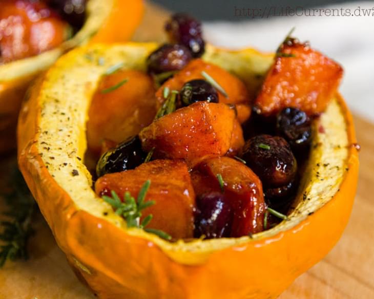 Roasted Acorn Squash with Black Grapes and Cardamom Persimmons