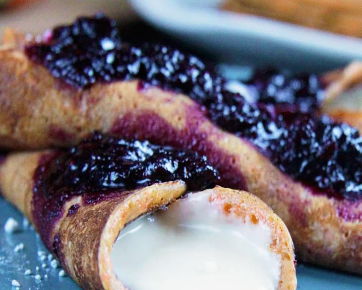 Brown Sugar Carrot Cake Crepes with Cream Cheese Filling and Blueberry Sauce