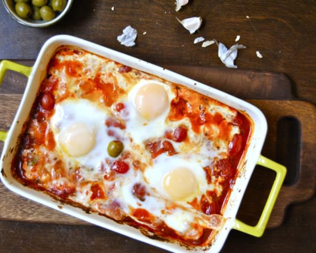 Baked Feta with Olives, Tomatoes and Eggs