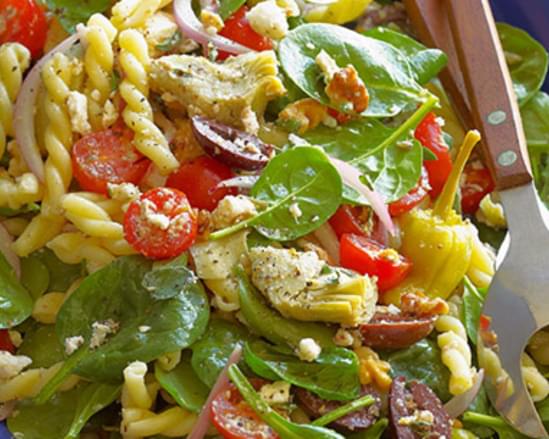 Greek Spinach-Salad Pasta with Feta, Olives, Artichokes, Tomatoes and Pepperoncini