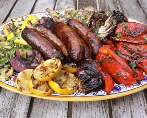 Grilled Red Wine Marinated Sausages With Vegetables