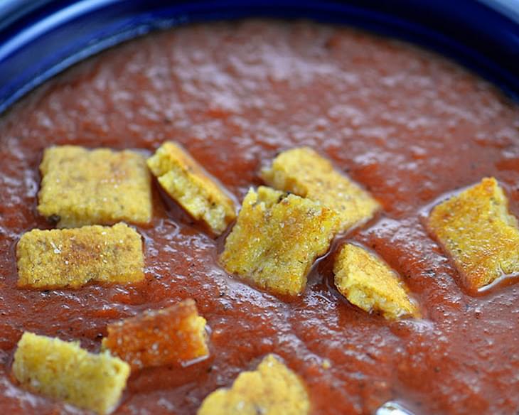 Tomato Basil Soup with Cornbread Croutons