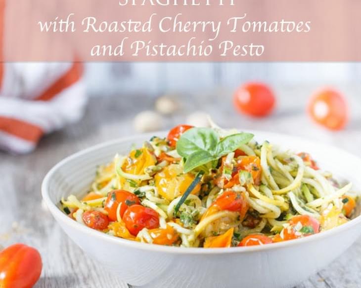 Raw Zucchini and Squash Spaghetti with Roasted Cherry Tomatoes and Pistachio Pesto