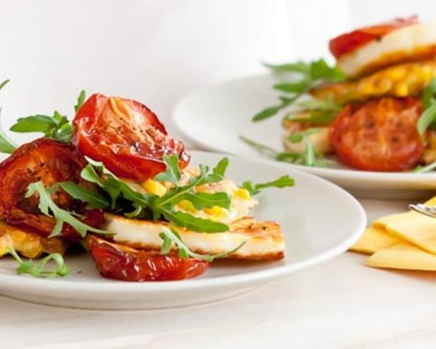 Sweetcorn Fritters With Tomatoes And Halloumi